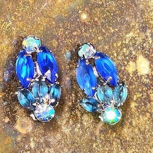 Vintage Earrings Blue AB Rhinestone Navette Clip Silver Tone Open Back Unsigned